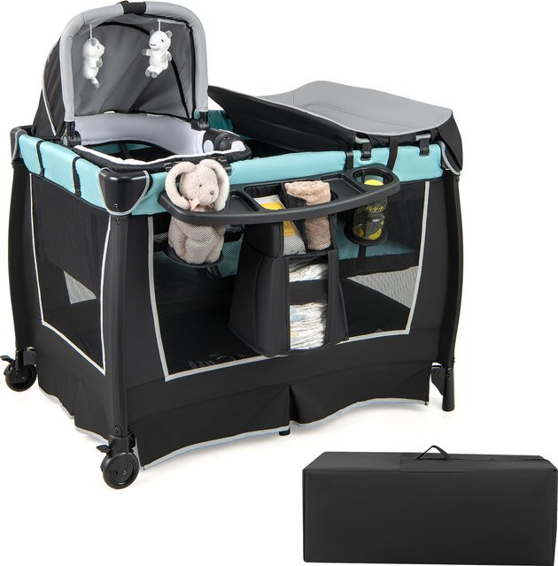 GOFLAME 6-in-1 Reisebett mit Matratze, mobile Babywiege mit verstellbarem Baldachin, faltbares Babybett inklusive Wickelunterlage und Spieluhr, Grün - Bild 1