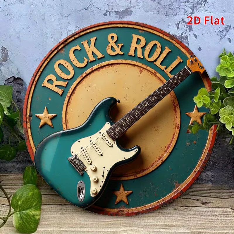 Potdemiel 2D Flat Vintage Rock & Roll Gitarren-Wandkunst aus Metall mit Herbstblättern und Sternen-Design, B: 20 cm, H: 20 cm, T: 1 cm - Bild 4