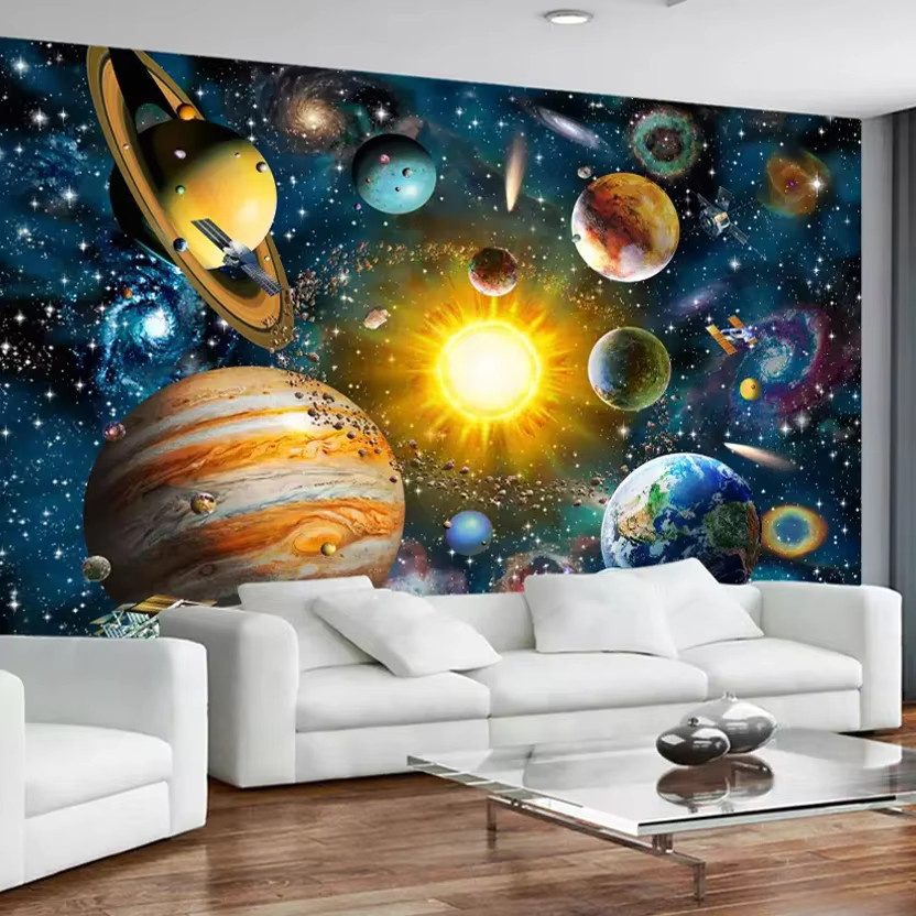Moderne 3D Foto Tapete für das Kinderzimmer mit handgemaltem Cartoon Universum Sternen und Planeten in Multicolour von Jiadou - Bild 3