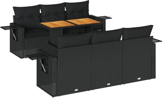 vidaXL 7-tlg. Garten-Sofagarnitur in L-Form aus Poly-Rattan und Akazienholz mit Kissen in Schwarz - Bild 1