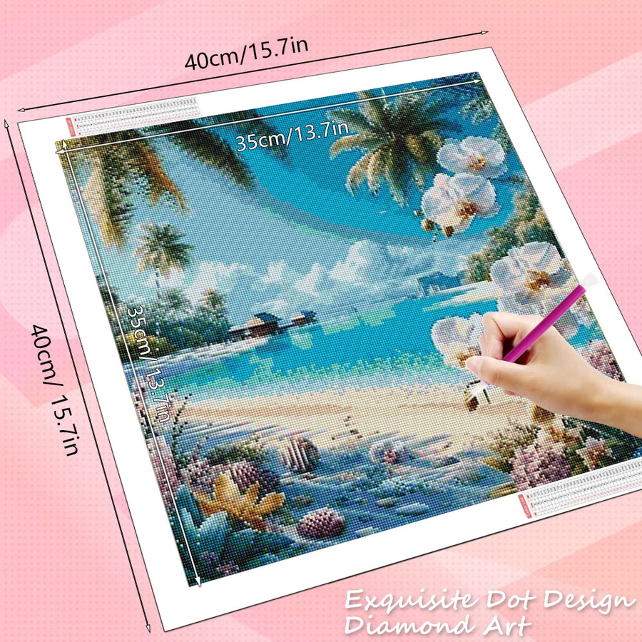 HUACAN 5D Diamantkunst Mosaik Set mit Meer, Landschaft und Orchidee als dekoratives Wandgemälde mit Full Square Bohrern, Breite: 20 cm, Höhe: 20 cm - Bild 2
