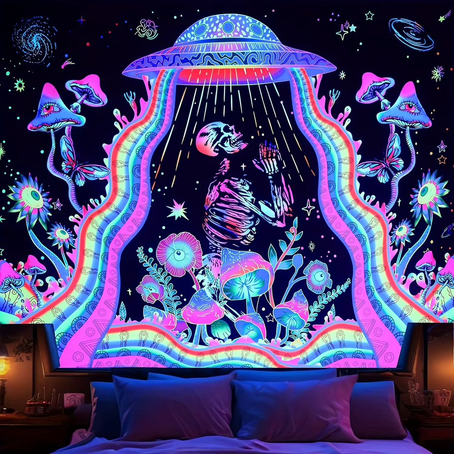 VIKAMA Psychedelisches Gebetstuch mit kosmischem UFO-Skelett und Sternen-Design, Mehrfarbig, B/H: 60 x 40 cm - Bild 2