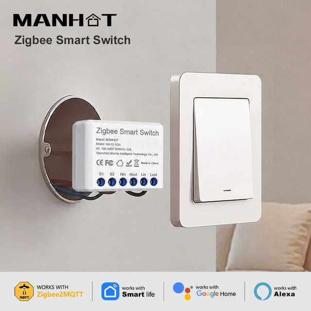 MANHOT Zigbee 3.0 Smart DIY Schalter 12A 2-Wege-Modul in Weiß zur App-Steuerung kompatibel mit HA und Zigbee2MQTT - Bild 1