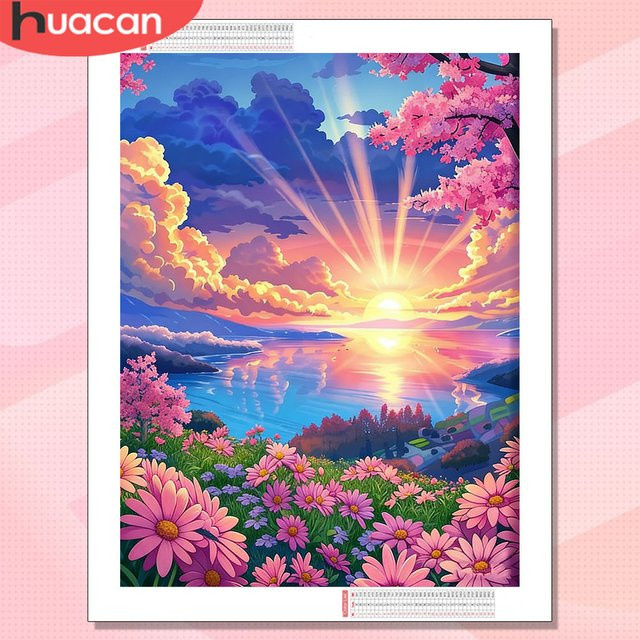 HUACAN Diamant-Mosaik-Set Gänseblümchen-Blume Sonnenuntergang Natur Landschaft Wanddekoration in Mehrfarbig mit runden und quadratischen Bohrern - Bild 1