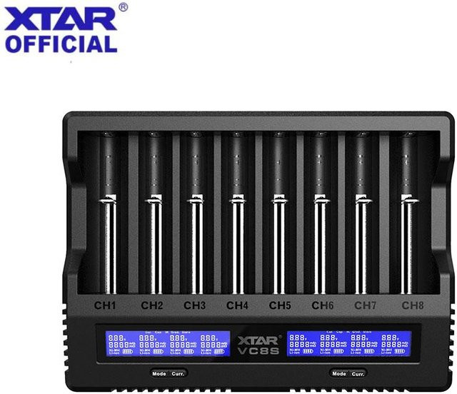 XTAR VC8S 8-Slot-Akkuladegerät für Li-Ion und Ni-MH mit USB-C-Eingang und HD-LCD Display in Schwarz - Bild 1