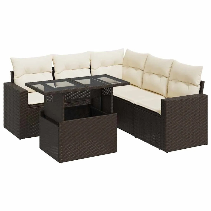 vidaXL 6-teilige Garten-Sofagarnitur in L-Form aus braunem Poly-Rattan mit cremeweißen Kissen und pulverbeschichtetem Stahlgestell - Bild 2