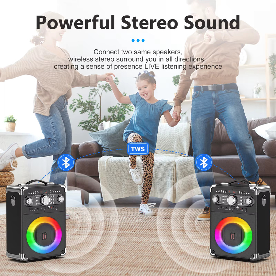 FanFun S8-T Karaoke-Maschine in Schwarz mit 3 kabellosen Mikrofonen, unterstützt Bluetooth, USB, TF-Karte und Gitarrenanschluss - Bild 2