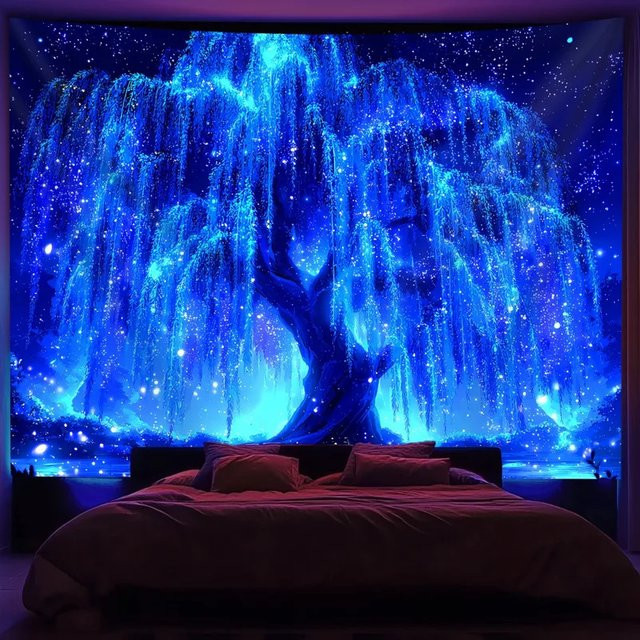 VIKAMA Wandteppich mit Sternenhimmel-Motiv und Milchstraße in Blau, moderner Textil-Wandteppich mit abstraktem Grafikdesign - Bild 1