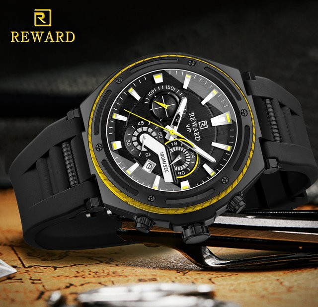 REWARD Chronograph Armbanduhr, Quarz, Schwarz, Herren, Leuchtzeiger - Bild 1