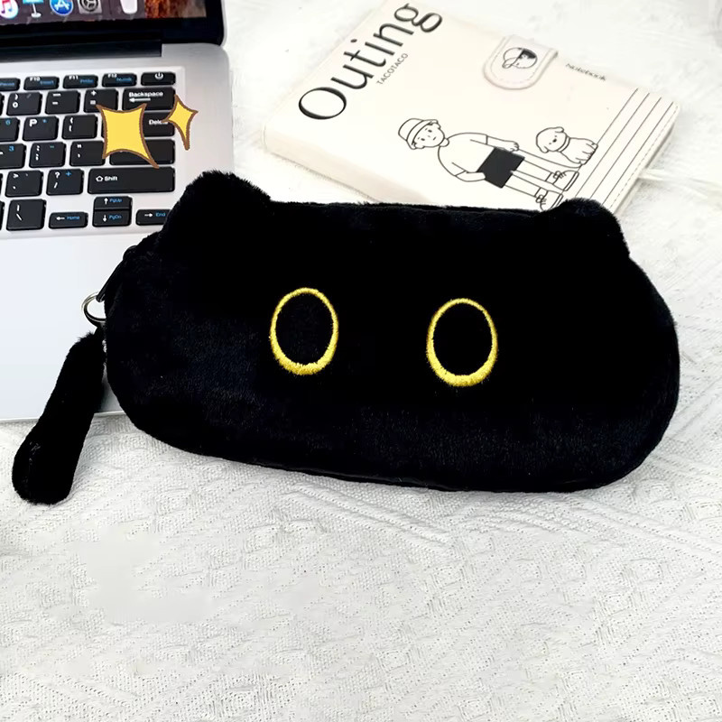 CHENJ Plüsch-Federmäppchen mit Katzen-Design in Schwarz als vielseitige Aufbewahrungstasche für Schreibwaren und Kosmetik - Bild 4