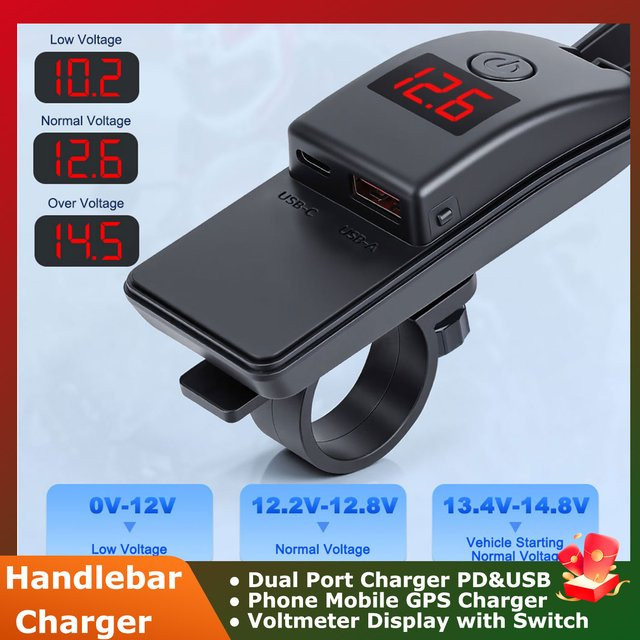 Elektrisches Motorrad-Handy-Ladegerät mit USB-A und USB-C, wasserdicht nach IPX5, 12 V, Schwarz - Bild 1