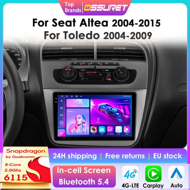 OSSURET Android 14 Autoradio mit 9 Zoll Display und 360-Grad-Kamera für Seat Altea 2004-2015 und Toledo 2004-2009, Multimedia-Player mit CarPlay und Android Auto, Schwarz - Bild 1
