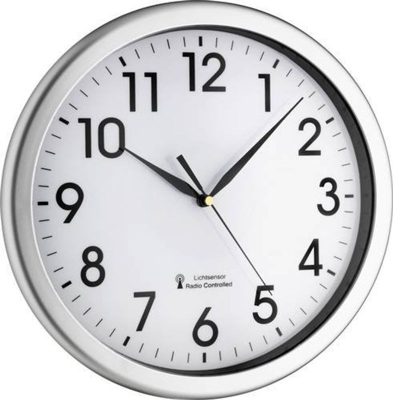 TFA Dostmann Funk Wanduhr Analog Silber Metall Geräuschlos B: 30,8 cm, T: 4,3 cm - Bild 1