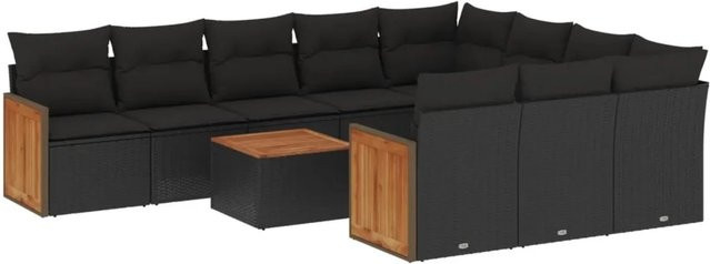 vidaXL 11-teilige Garten-Sofagarnitur in U-Form aus schwarzem Poly-Rattan mit Kissen und Akazienholz - Bild 1