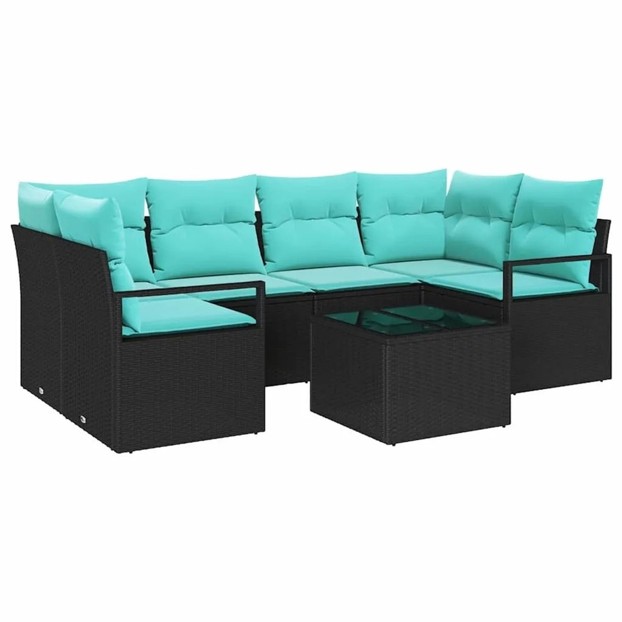7-teiliges vidaXL Gartenmöbel Set aus Poly-Rattan in Schwarz und Blau mit wetterfesten Polstern und Tisch - Bild 2