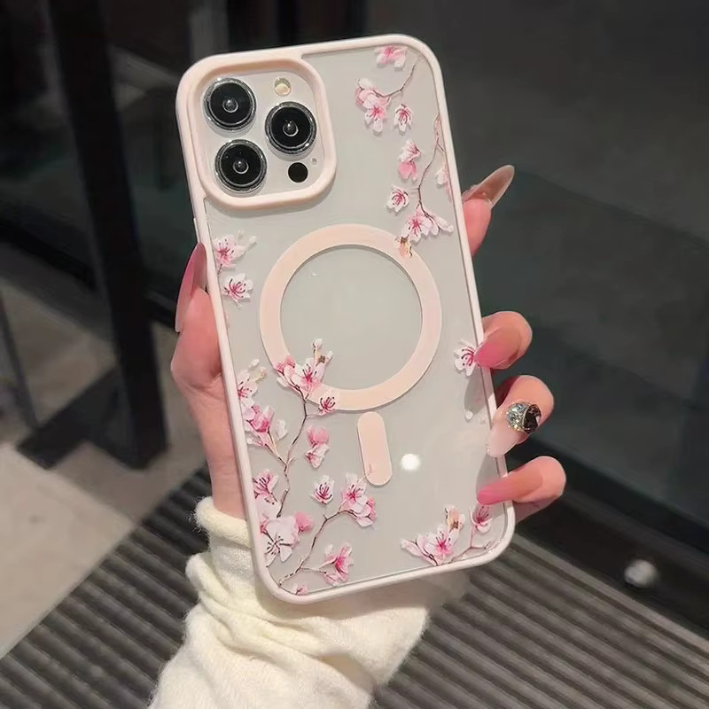 Elegante Magnetische Hülle mit rosa Kirschblüten Blumenmuster für Samsung Galaxy S26 S25 Ultra S24 Plus S23 FE A57 A37 A17 A16 A56 A55 in Pink und Weiß mit kabelloser Ladefunktion - Bild 2