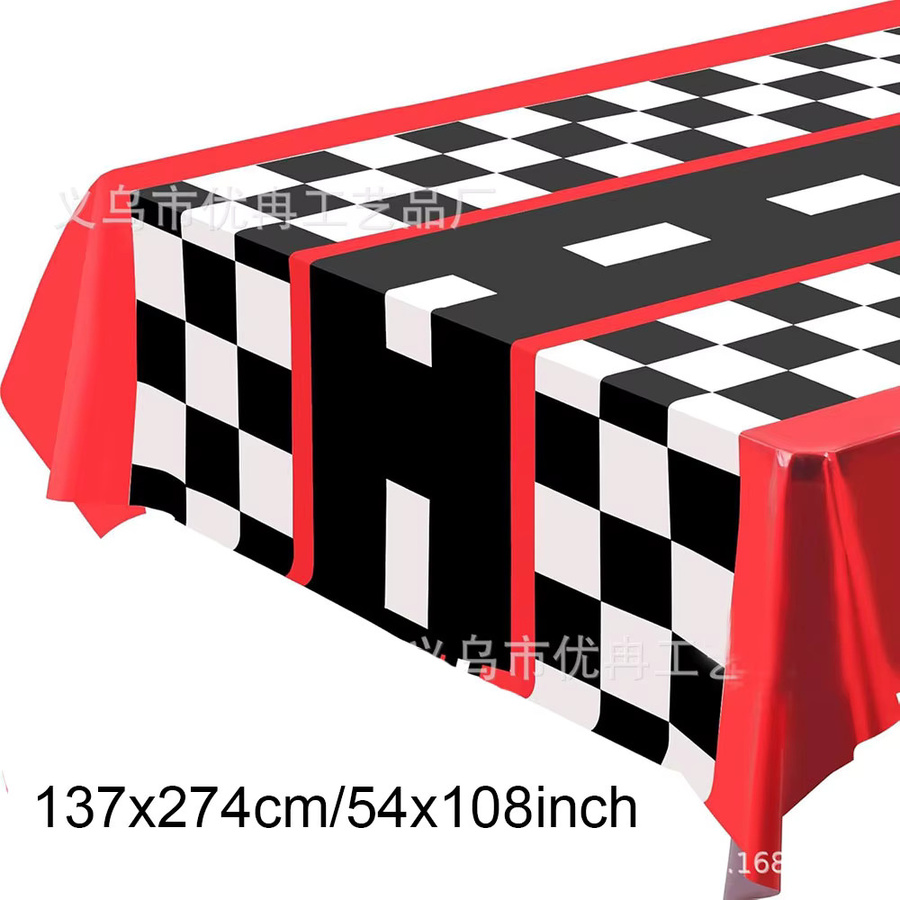 Einweg-Tischdecke von PartiesTour mit Rennwagen-Thema und kariertem Muster in Rot, Schwarz und Weiß für Kindergeburtstage und Partys - Bild 4