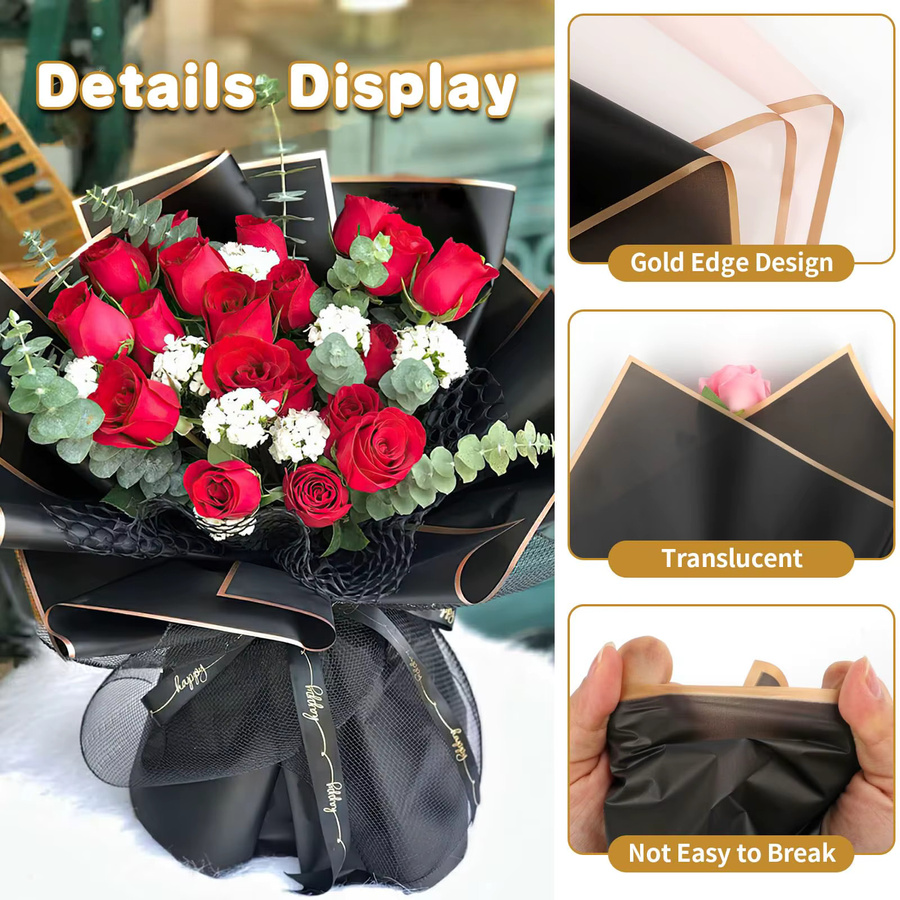 20 Blatt wasserfestes Blumen-Geschenkpapier in Schwarz mit goldenen Kanten für koreanische Blumenstrauß-Verpackungen und DIY-Projekte - Bild 2