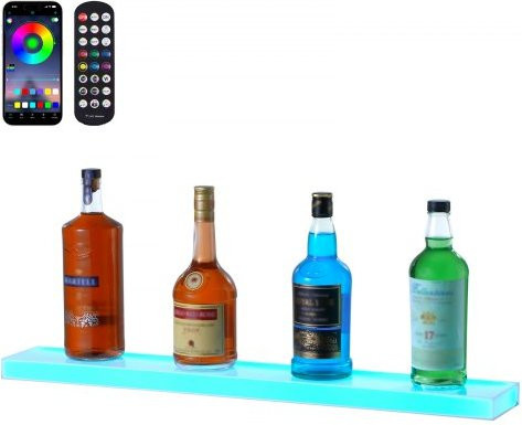 VEVOR LED Spirituosenregal aus Acryl, Wandmontierte 1-stufige Flaschenpräsentation für Home Bars, Transparent mit Mehrfarbiger Beleuchtung, Steuerung per App und RF-Fernbedienung, Breite: 76,2 cm - Bild 1