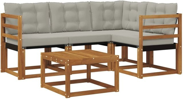 vidaXL Outdoor-Sofagarnitur 5-teilig aus Akazienholz mit Textilene und Kissen in Grau und Natur - Bild 1