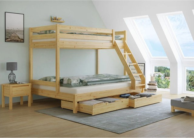 Erst-Holz Doppel-Etagenbett aus Kiefer Natur für Erwachsene mit Rollrost und Doppelbettkasten, B/T/H: 230 x 140 x 207,5 cm und 90 x 200 cm - Bild 1