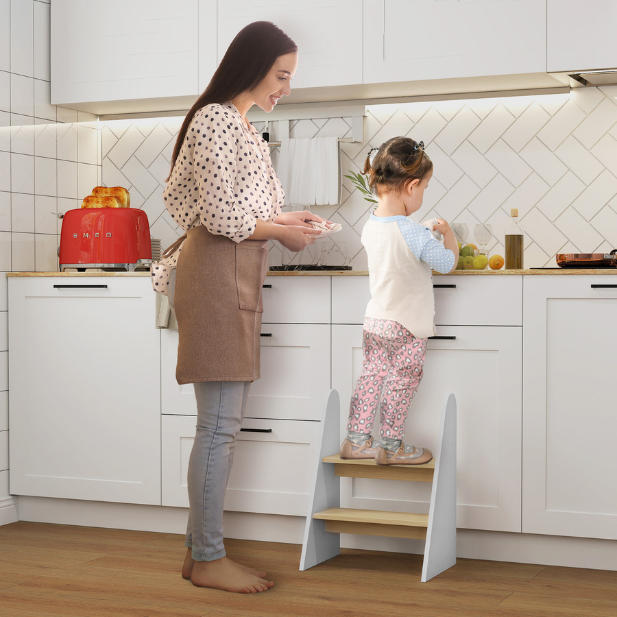 AIYAPLAY 2-stufiger Kindertritt aus Holz für Kinder von 3 bis 8 Jahren, weiß, Aosom - Bild 2