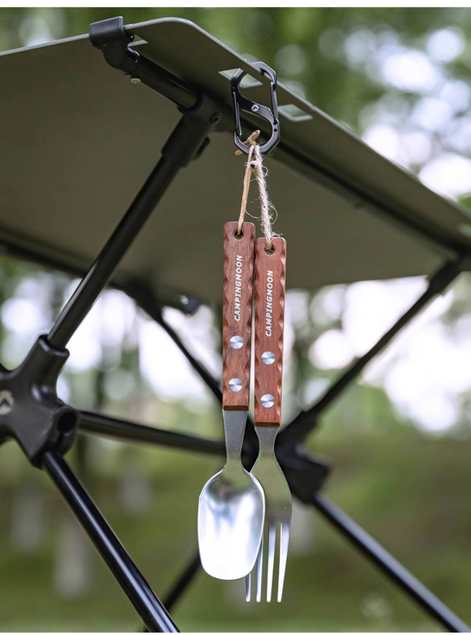 CAMPINGMOON Picknickbesteck Set aus Edelstahl und Holz in Silber und Braun, tragbares Outdoor-Camping-Mehrzweckbesteck mit Gabel und Löffel - Bild 4