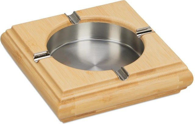 Relaxdays Tischaschenbecher aus Bambus und Edelstahl in Natur und Silber, B/T/H: 15 x 15 x 4 cm - Bild 1