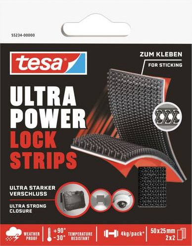 tesa Ultra Power Lock Stripes Klettband schwarz, 2 Paar, Breite: 25 mm, Länge: 50 mm - Bild 1