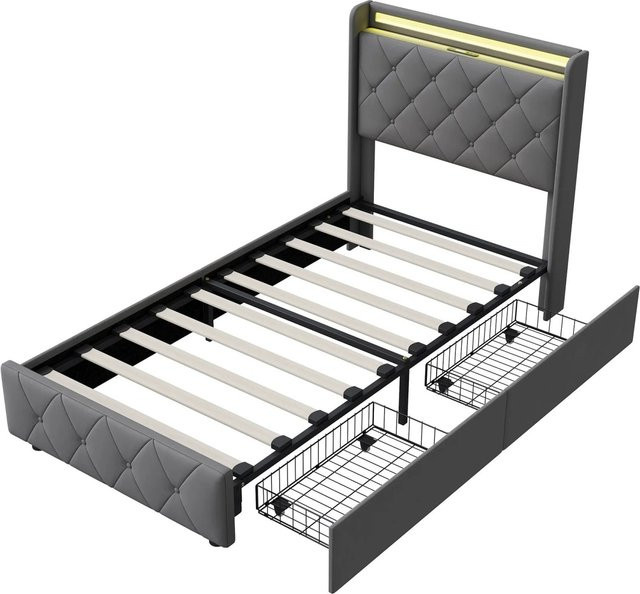 PXloue Polsterbett aus Samt in Grau mit LED-Beleuchtung, USB-Ladefunktion und 4 Rollschubladen, B/T: 90 x 200 cm - Bild 1