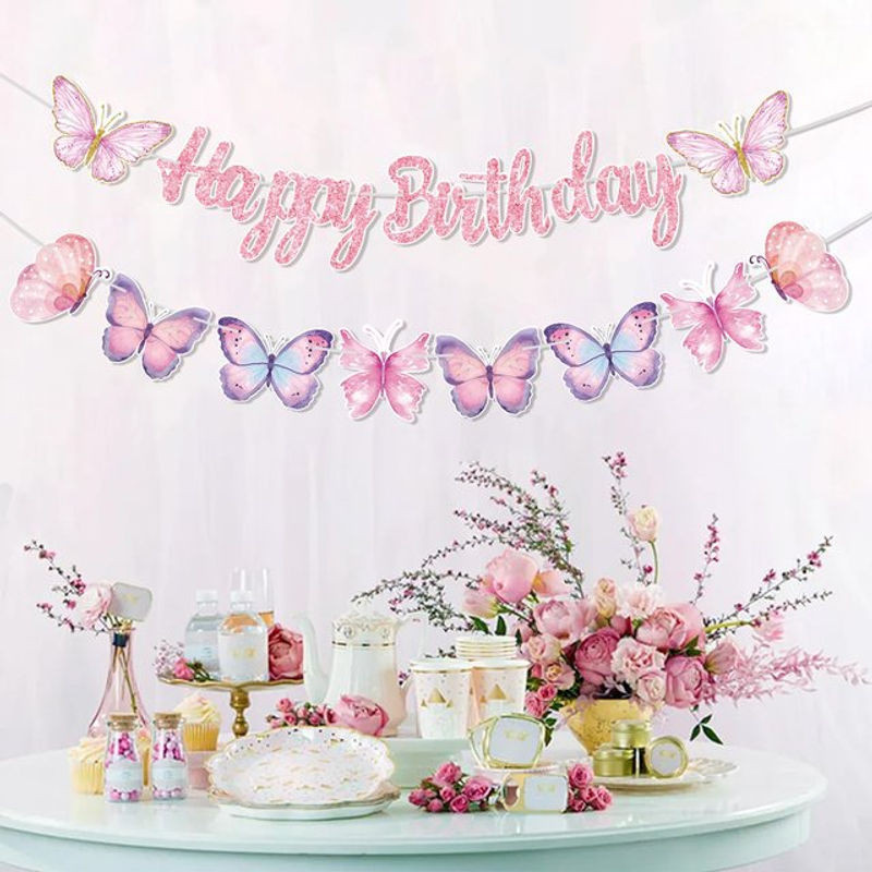 Wayfun Geburtstag Girlande Rosa mit Schmetterlingen aus Papier als hängende Partydekoration für Kinder - Bild 1