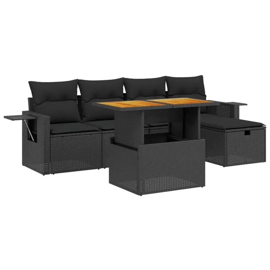 vidaXL 6-teilige Garten-Sofagarnitur aus Poly-Rattan und Akazienholz in Schwarz mit Kissen - Bild 2