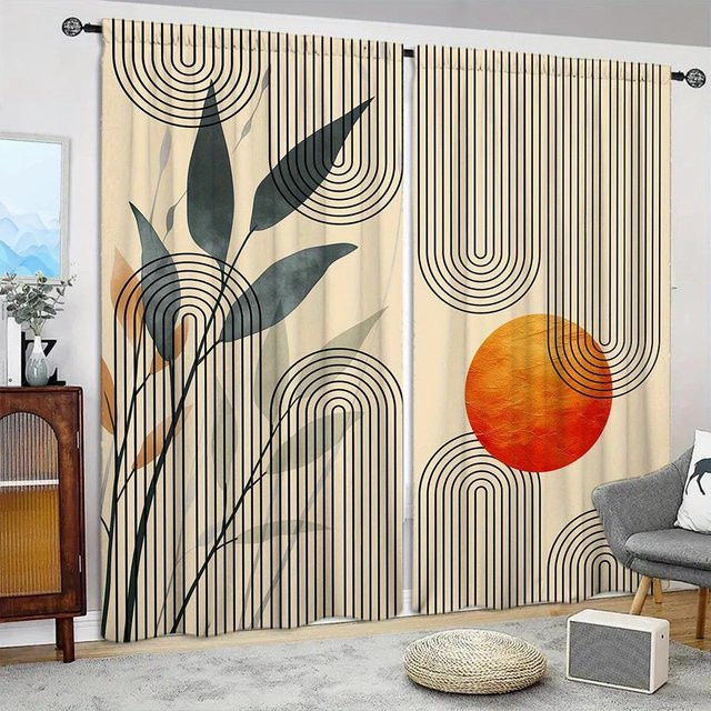 2er-Set Böhmische Abstraktion Vorhänge aus Polyester in Grau und Beige, halbtransparent mit Stangentaschen, B: 52,5 cm, H: 116 cm - Bild 1