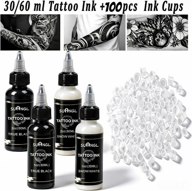 SUANGL Tattoo-Tinten-Set Schwarz Weiß, 1,01/2,03oz, mit 100 Bechern - Bild 1