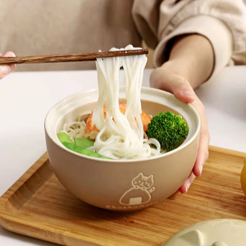 YWDL Keramik Suppenschüssel mit Deckel im japanischen Design mit Katzen-Motiv, Farbe: Gelb - Bild 5