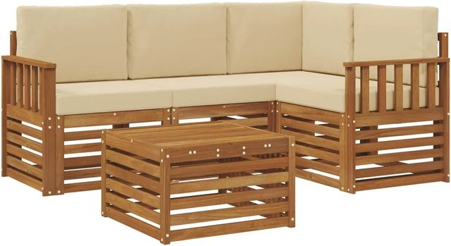 vidaXL 5-teiliges Gartenmöbelset in L-Form aus Akazienholz mit Kissen in Natur und Beige - Bild 1