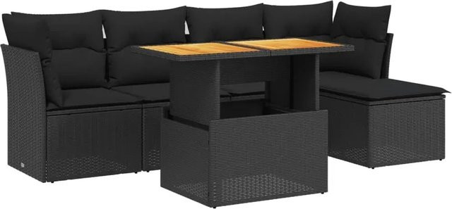 vidaXL 6-teilige Garten-Sofagarnitur in L-Form aus schwarzem Poly-Rattan mit Kissen und Akazienholz - Bild 1