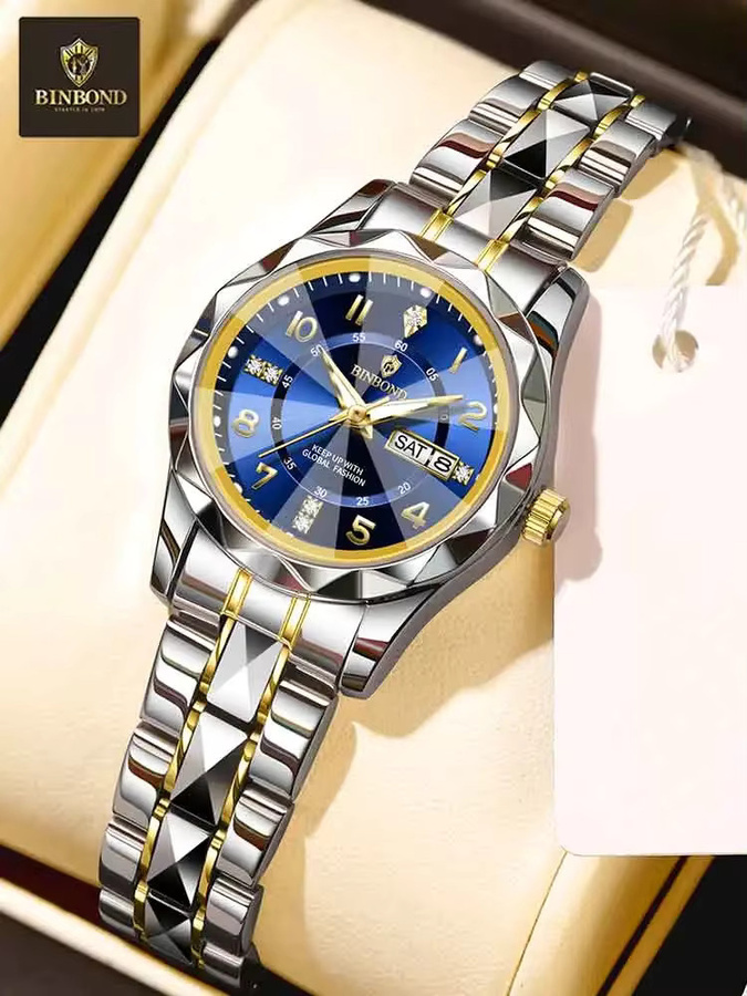 BINBOND Armbanduhr Edelstahl, Quarz, Blau, Gold, Damen - Bild 5