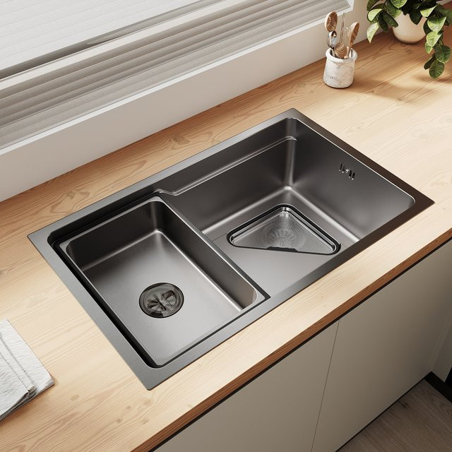 SONNI Edelstahl Küchenspüle aus 304 SUS mit 1 Becken, Wasserhahn, Abtropfkorb und Abfallsieb, Einbauspüle oder Unterbauspüle, B/T: 70 x 43 cm - Bild 1