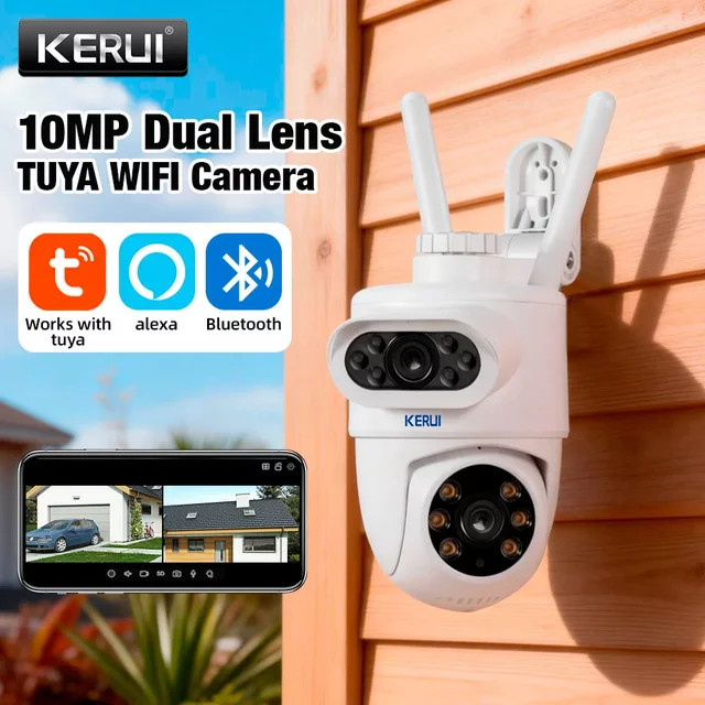 KERUI 5K 10MP Dual-Objektiv PTZ WLAN-Sicherheitskamera mit Auto-Tracking und Dual-Bildschirm für die Outdoor-Videoüberwachung in Weiß - Bild 1