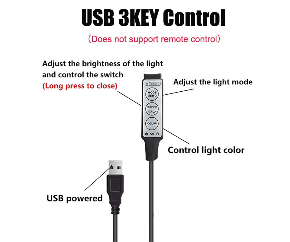 RGB-Controller mit 3 Tasten und USB-Anschluss für 5V 5050 2835 LED-Streifen, Schwarz - Bild 2