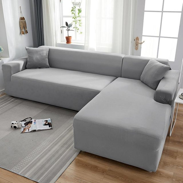 L-Style Stretch-Sofabezug für 2-Sitzer Sofas mit Chaiselongue, Lichtgrau, elastisch und rutschfest, Breite: 145-185 cm - Bild 1