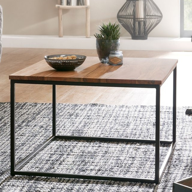 FineBuy Couchtisch aus Akazie Massivholz in Braun, quadratisch, B/T/H: 60 x 60 x 60 cm, Design Wohnzimmertisch im Industrial-Stil - Bild 1