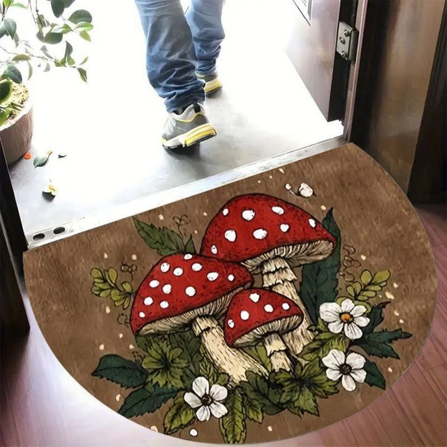 VIKAMA Cartoon-Pilz-Fußmatte mit Vintage-Print, rutschfest und schmutzabweisend, halbrund, Mehrfarbig, B: 60 cm, T: 40 cm - Bild 1