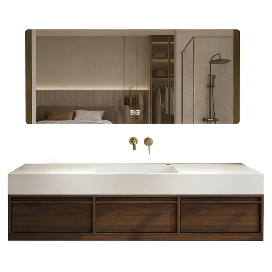 360Home Badmöbel Set mit Sinterstein Waschbecken, Spiegelschrank mit LED-Beleuchtung und Unterschrank, Braun Matt, B/T/H: 150 x 55 x 120 cm - Bild 2