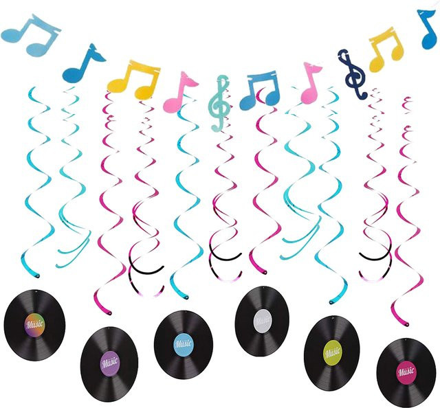 PartiesTour Retro Partydekoration mit Musikmotiv, Musiknoten-Banner und Schallplatten-Hängegirlanden, Multicolor - Bild 1