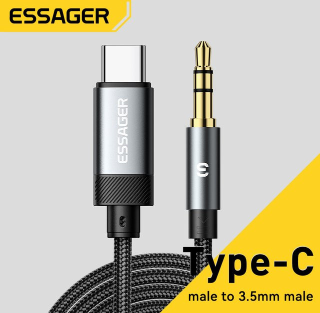 Essager USB Typ C auf 3,5 mm Klinke Aux-Audiokabel, USB A Adapter für Telefon, Auto, Kopfhörer, PC und Tablet, Schwarz - Bild 1