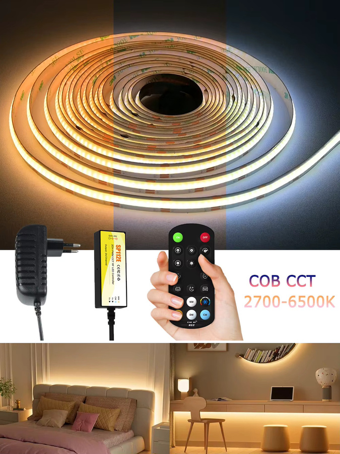 CENFAYA COB CCT LED-Streifen mit RF-Fernbedienung, dimmbar, Dual-Weiß 2700-6500K, 12V Lichtband für Schrank und Schlafzimmer, Farbe: Weiß/Multicolor - Bild 6