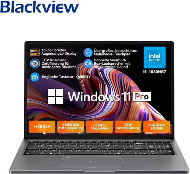Blackview Acebook 12 Laptop in Schwarz/Grau mit 16 Zoll Display, Intel Core i5-1030NG7, 16GB DDR4, 512GB SSD und Windows 11 Pro - Bild 1