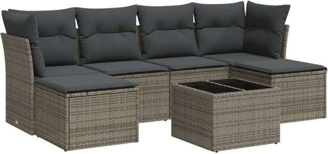 vidaXL 7-tlg. Garten-Sofagarnitur in L-Form mit Polsterkissen und Couchtisch, Grau, Poly-Rattan und Metall - Bild 1